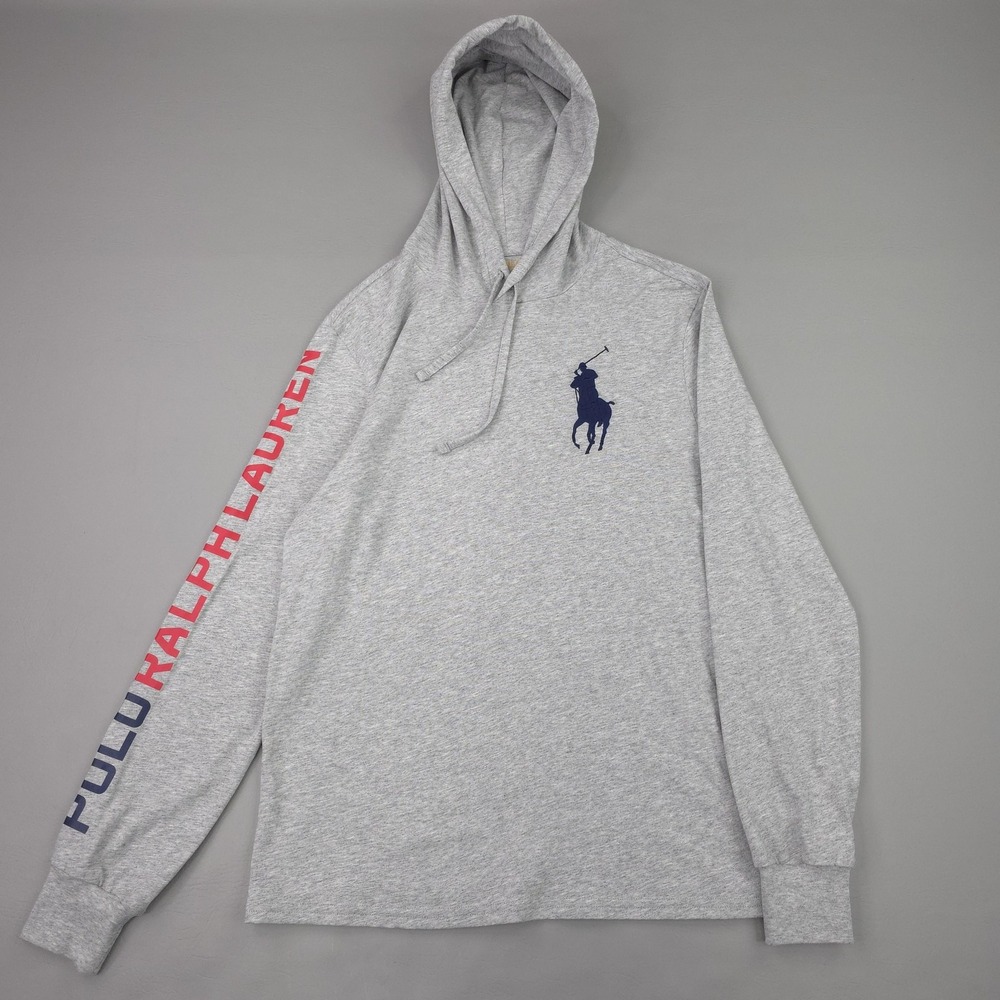 Polo Ralph Lauren Shirt Mens Small‎ Gray Long Sleeve Hooded Big Pony Logo Tee